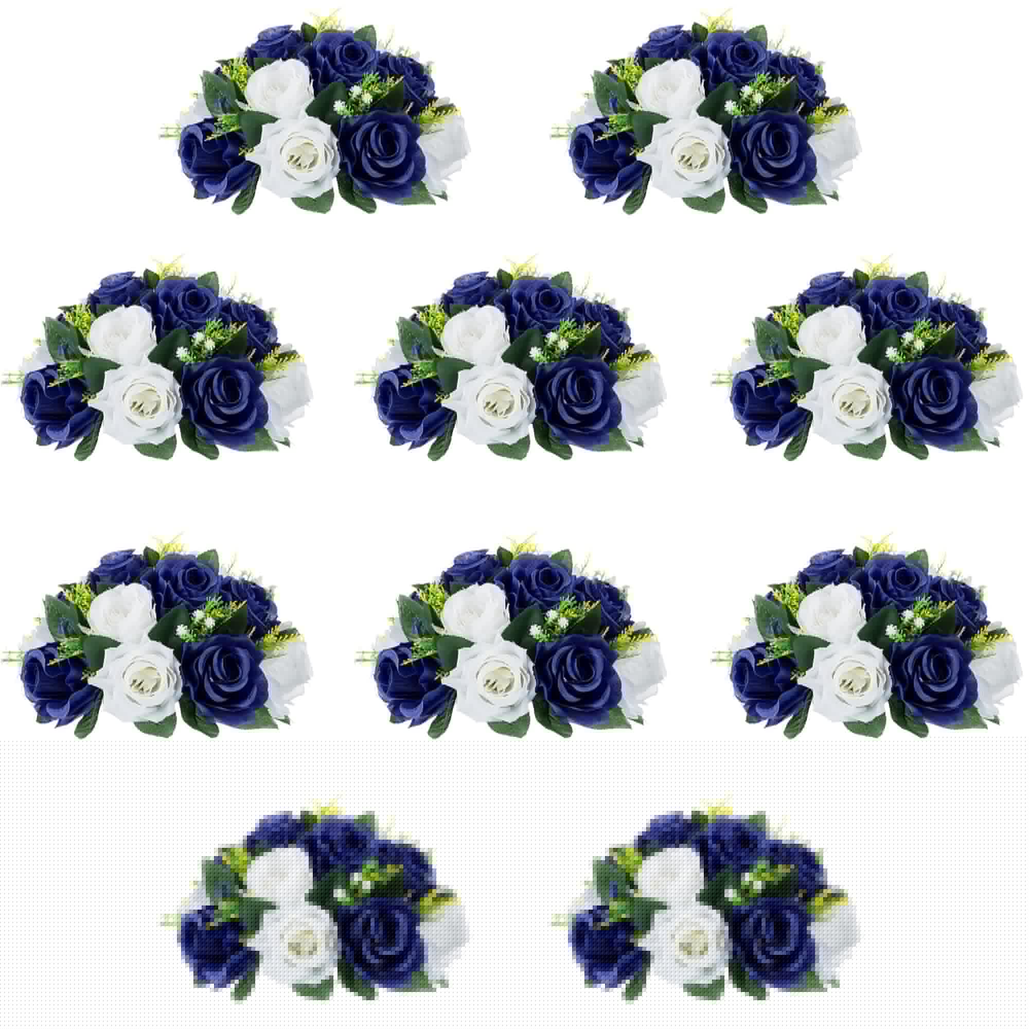 QUTUNI 10Pcs Fake Flower Ball Arrangement Bouquet, 9.5" 15 Heads Plastic Roses with Base,Suitable for Parties Valentine's Day Wedding Centerpiece Flower Rack and Home Décor (Navy Blue & White)