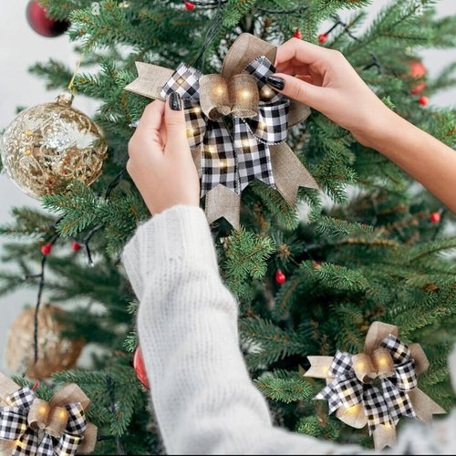 Buffalo Plaid LED Christmas Wreath Bow by [Brand Name] - Rustic Black & White Burlap Design (9.5 x 13 Inch)