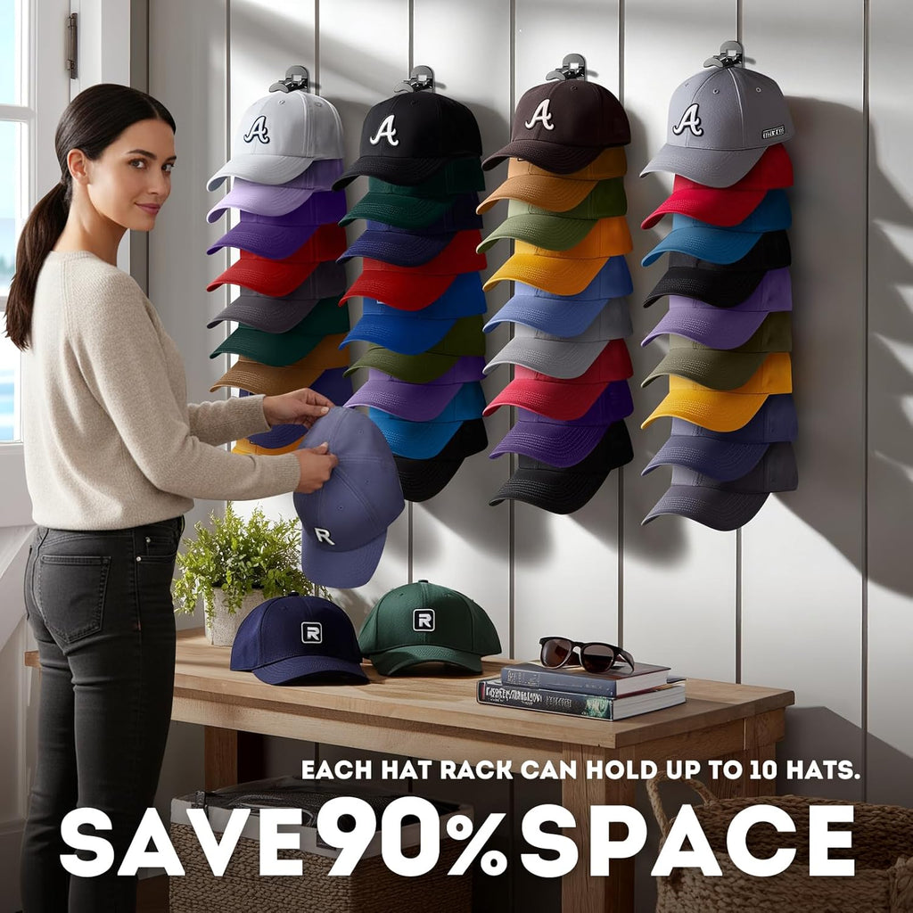 Skiennix Hat Organizer - Wall-Mounted Rack Holds Up to 20 Baseball Caps | Strong Adhesive & Screws, Black