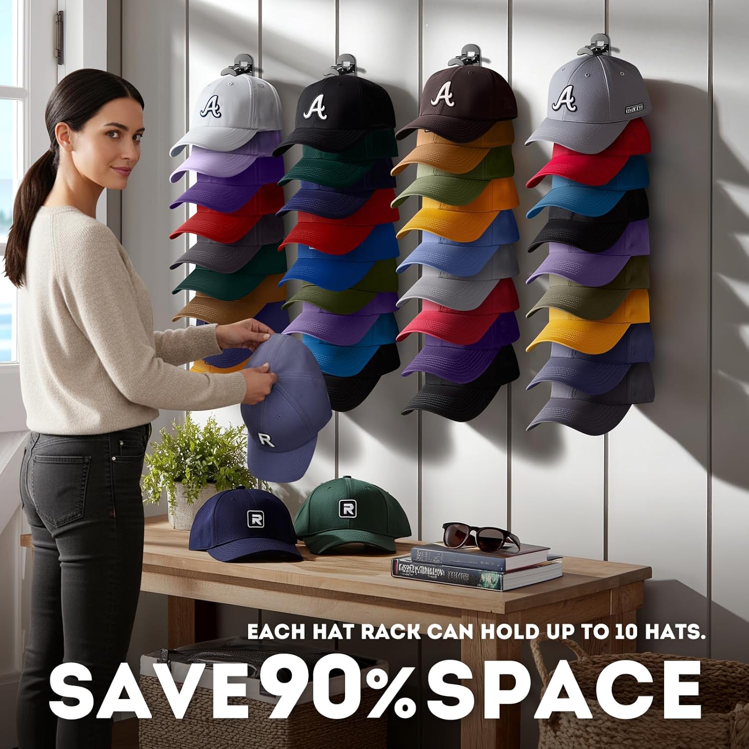 Skiennix Hat Organizer - Wall-Mounted Rack Holds Up to 20 Baseball Caps | Strong Adhesive & Screws, Black