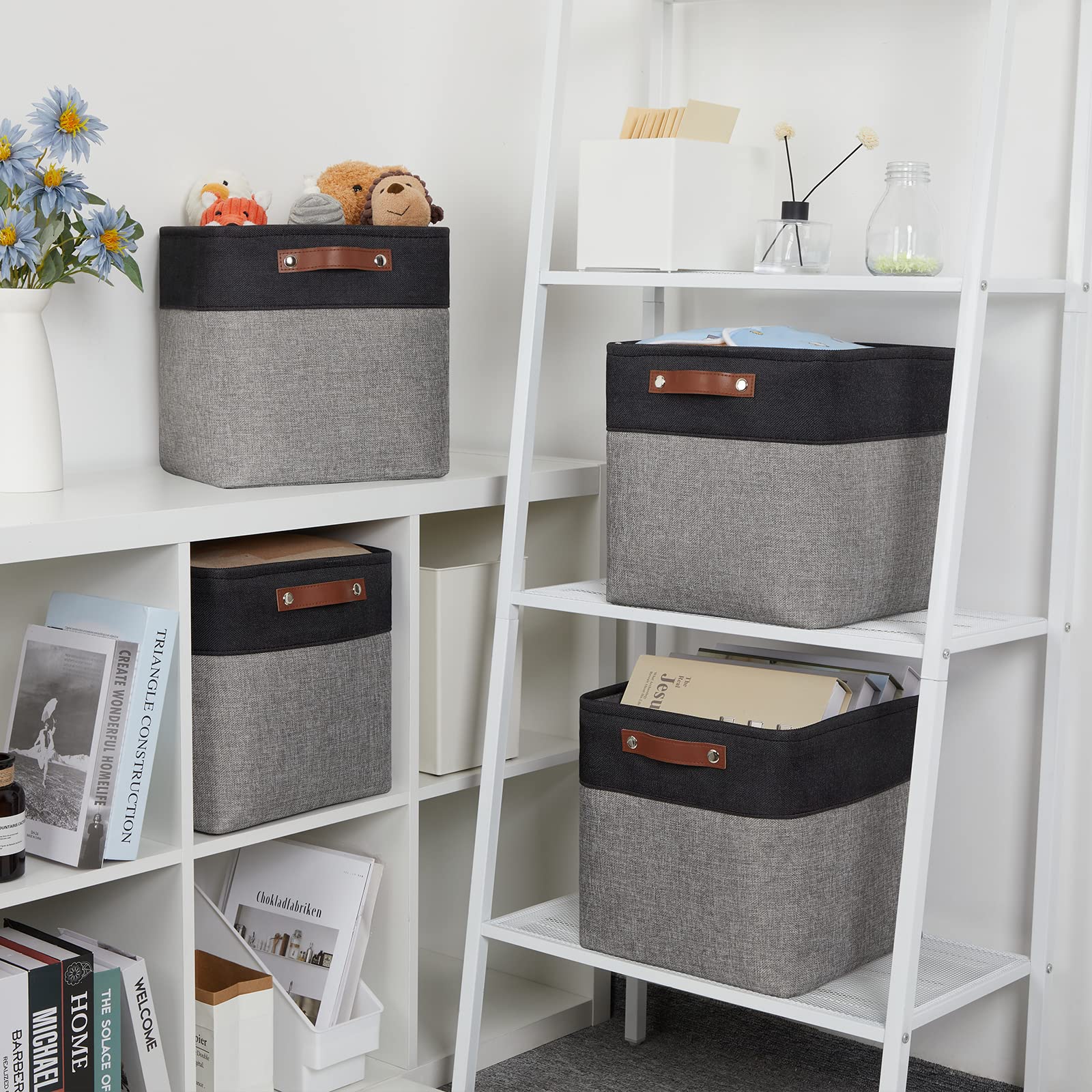 DULLEMELO Collapsible Bundle Baskets 4 Cube Baskets 12"x12"x12" + 6 Small Baskets 11.8"x7.9"x5.1"（Black&Grey