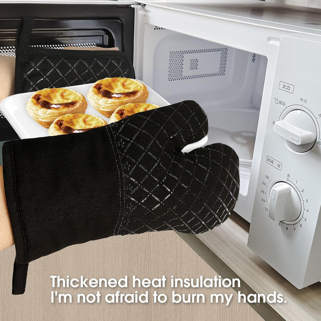 Skiennix Oven Mitts & Pan Racks Set - Heat Resistant 500°F | Non-Slip Silicone, Black, 4-Piece