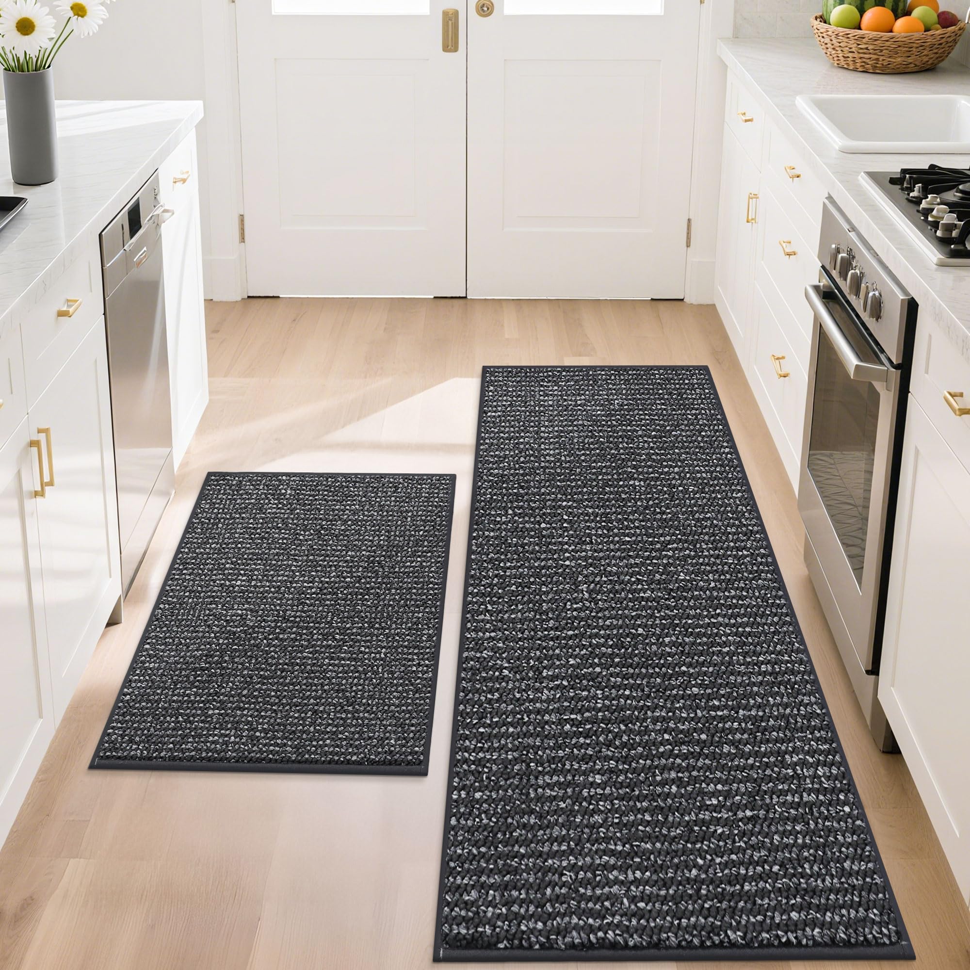 BEQHAUSE Kitchen Rugs and Mats 2PCS, Non-Slip Kitchen Mats for Floor, Absorbent and Stain Resistant Kitchen Runner, Machine Washable Rugs for Kitchen, Laundry & Sink, 20"x32"+20"x48", Charcoal