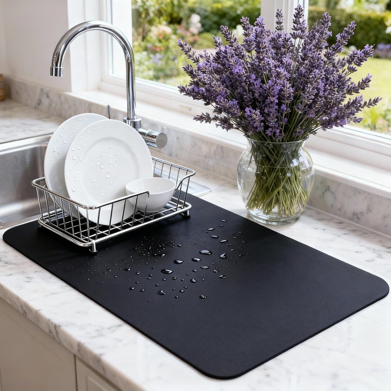 STRABELLA Dish Drying Mat Super Absorbent – 24" x 16" Coffee Mat for Countertops – Non-Slip Drying Mat for Kitchen Counter – Easy to Clean Water Absorbent Mat – Large Dish Drying Mats (Black)