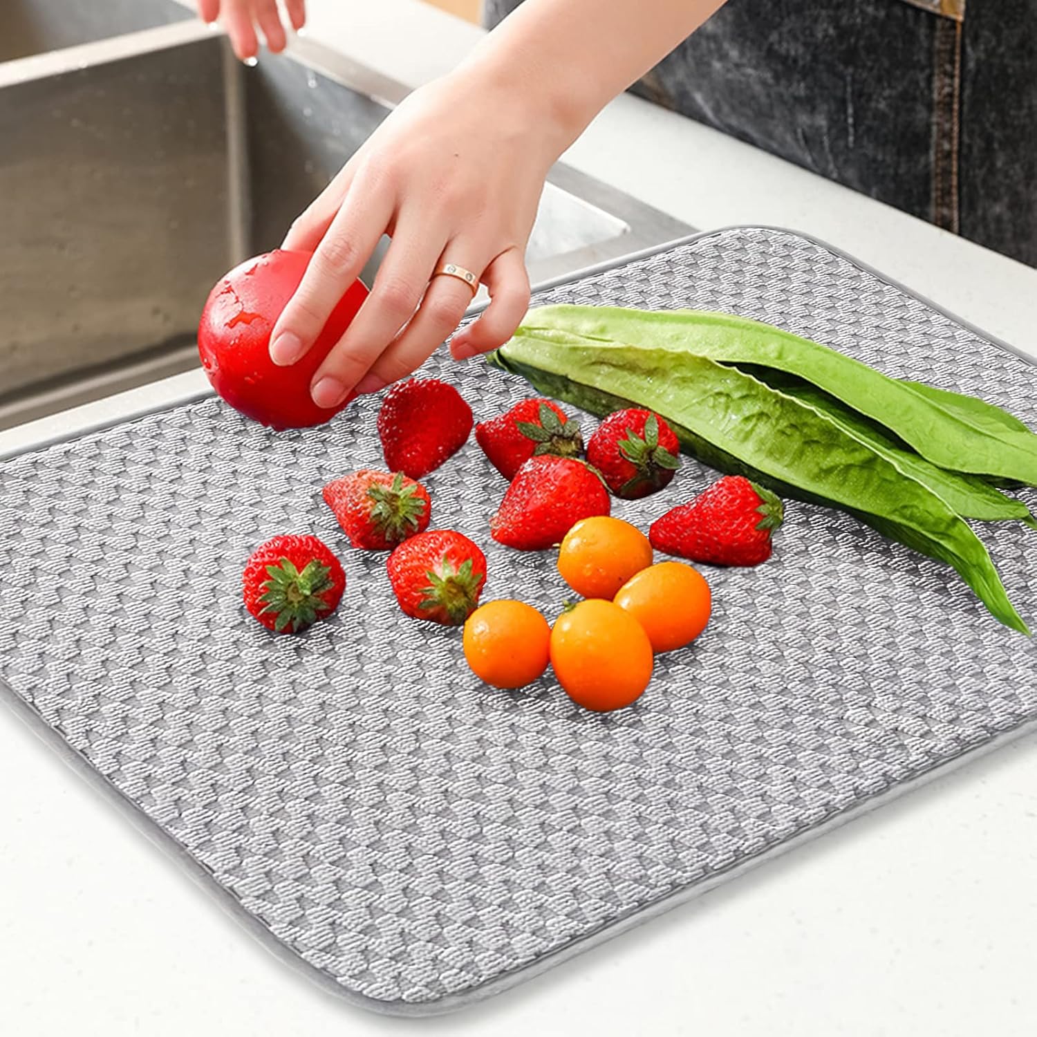 Skiennix Microfiber Dish Drying Mat - Absorbent 24"x17" Kitchen Counter Pad | Large Gray Drainer