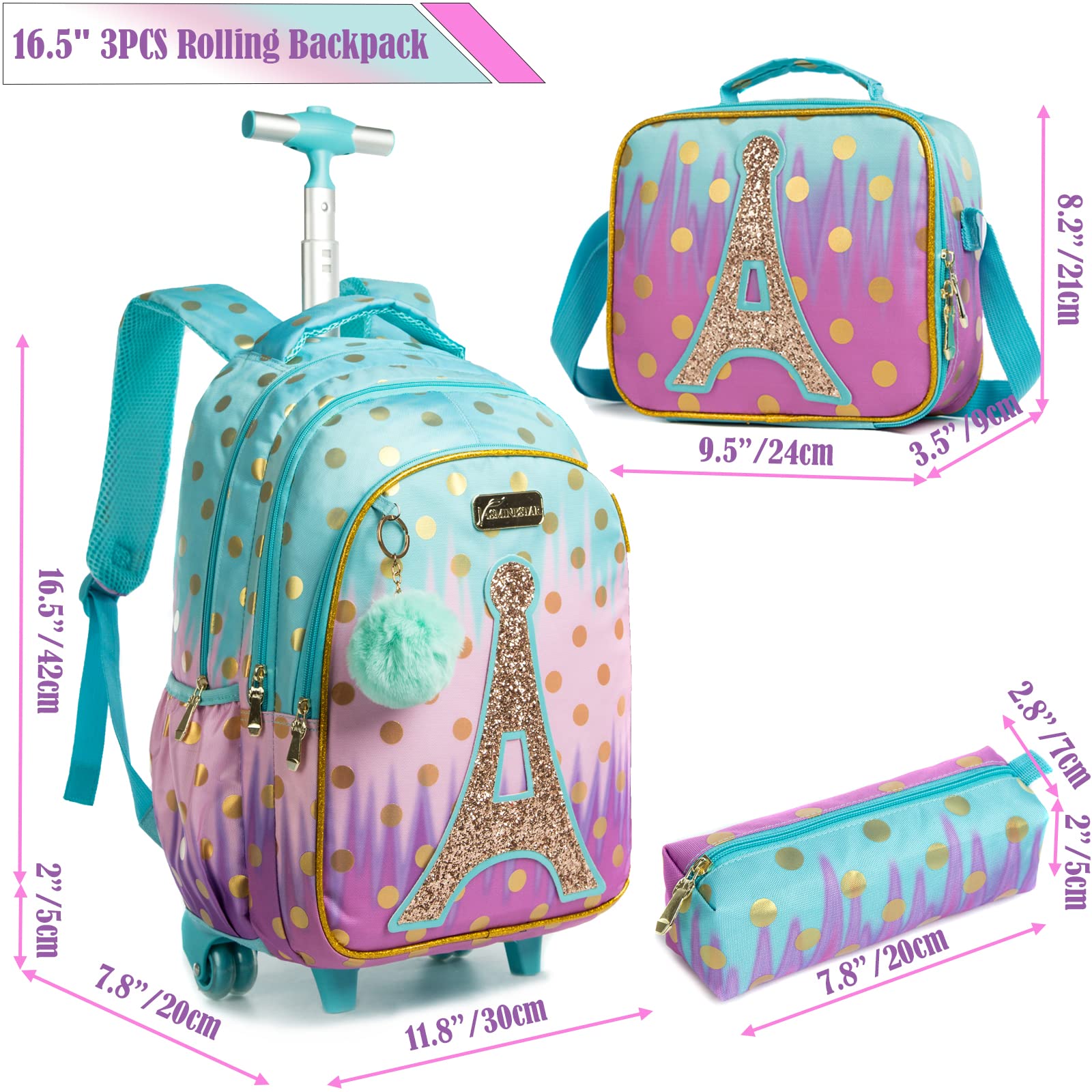 Egchescebo School Bags Kids Rolling Backpack for Girls Luggage Suitcase With Wheels Trolley Wheeled Backpacks for Girls Travel 3PCS Cat Backpack With Lunch for kids Sky Blue Bags
