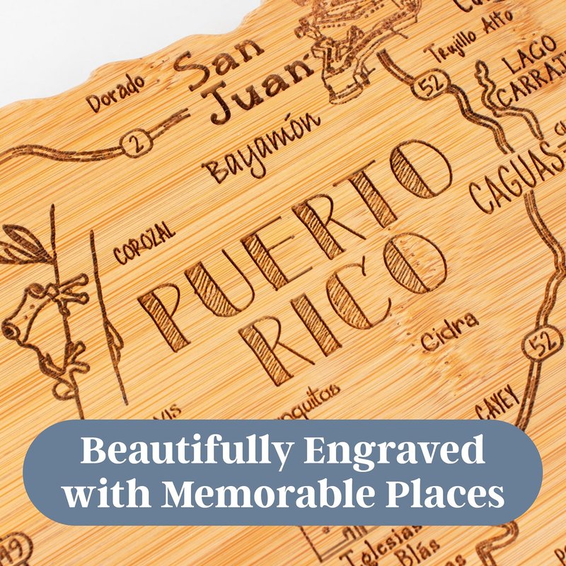 Totally Bamboo Destination Puerto Rico Shaped Cutting Board – Bamboo Charcuterie and Serving Board with Hang Tie for Wall Display