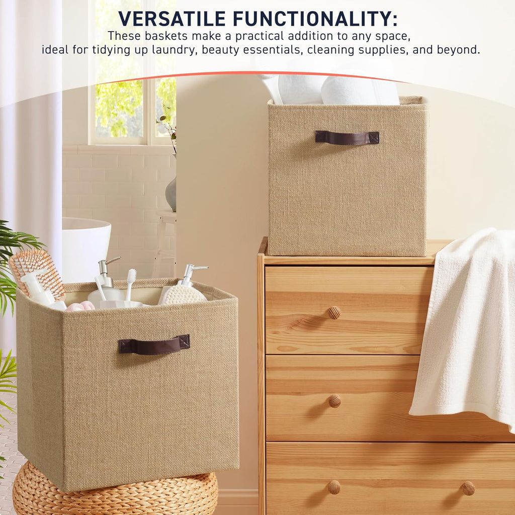 Ornavo Home Storage Cube Bins - 10.5 x 10.5 Jute Baskets, 6 Pack Foldable Organizers with Leather Handles