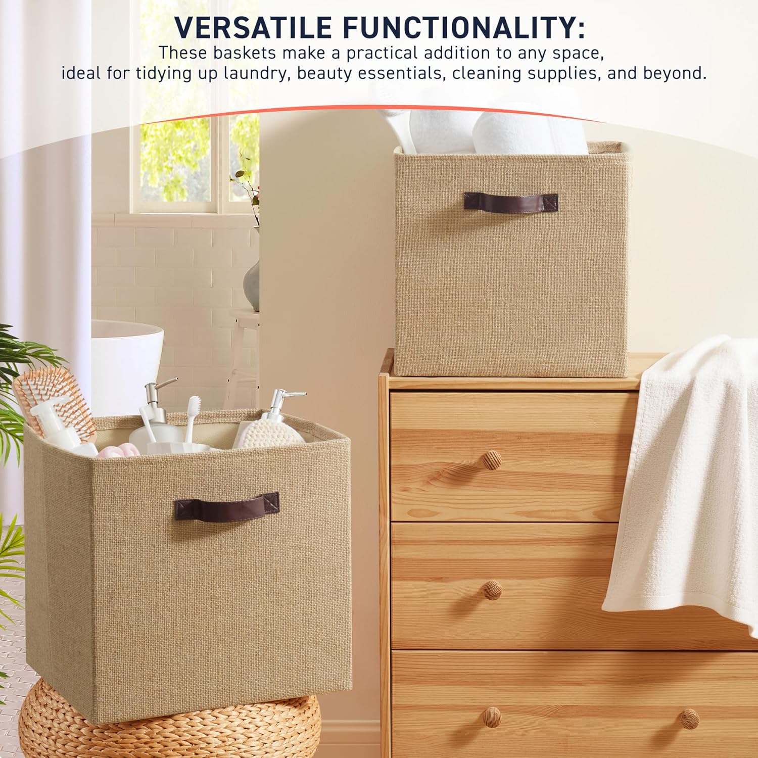 Ornavo Home Storage Cube Bins - 10.5 x 10.5 Jute Baskets, 6 Pack Foldable Organizers with Leather Handles