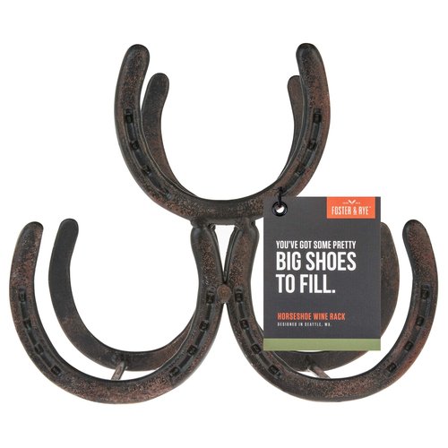 Foster & Rye Horseshoe Countertop Wine Rack, Cast Iron 3-Bottle Wine Holder, Rustic Metal Storage Rack for Kitchen, Home Bar, Tabletop Display, Western Style Decor, 10" x 5.5" x 8.5"