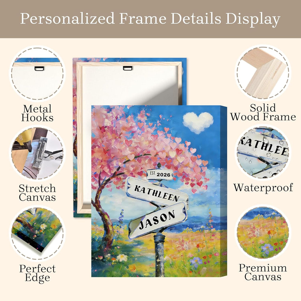 Personalized Crossroads Street Sign Canvas Print for Couples, Custom Name & Date Canvas Wall Art, Valentine’s Day Gift for Him/Her, Anniversary Wedding Custom Canvas Print, Wrapped Frame 12X16