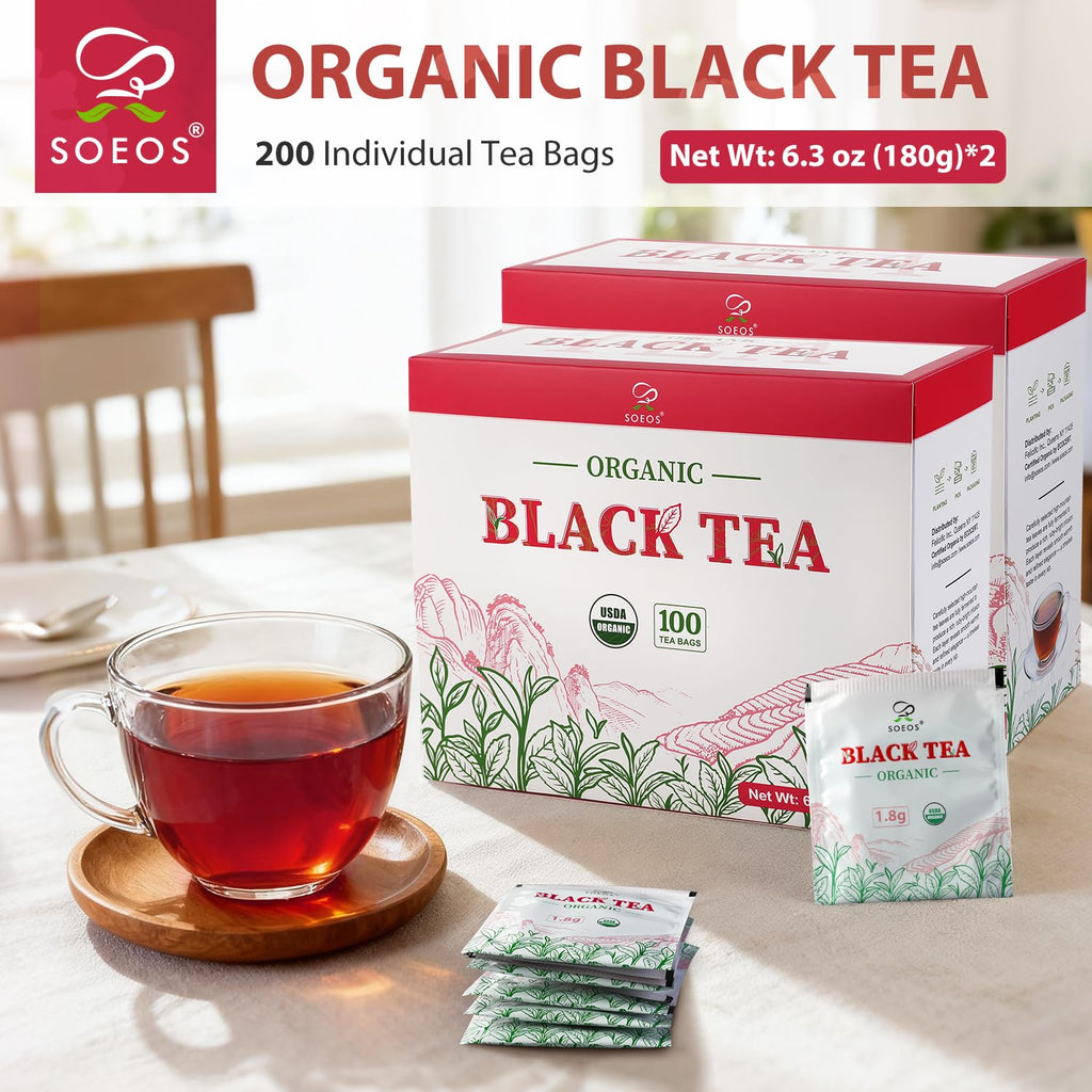 Soeos Organic Black Tea Bags - Bold Aroma & Smooth Flavor | 6.3oz (180g) Pack of 2, Premium Quality