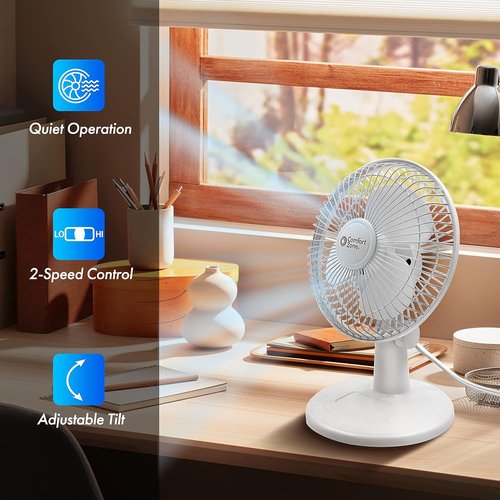 Comfort Zone CZ6D 6" Quiet Portable Desk Fan - 2-Speed with Adjustable Tilt | White Color