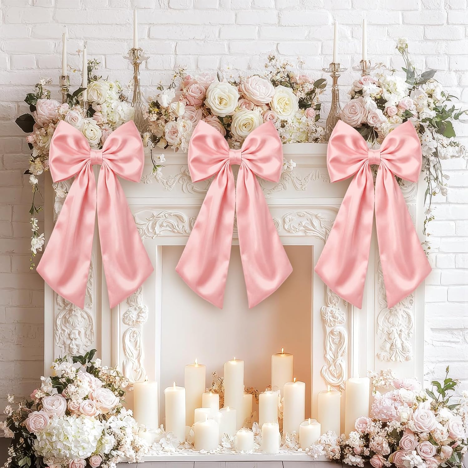 Suncalla Large Pink Satin Bow Decorations - 3 Pcs 2 Ft Hanging Wall Decor for Weddings & Parties