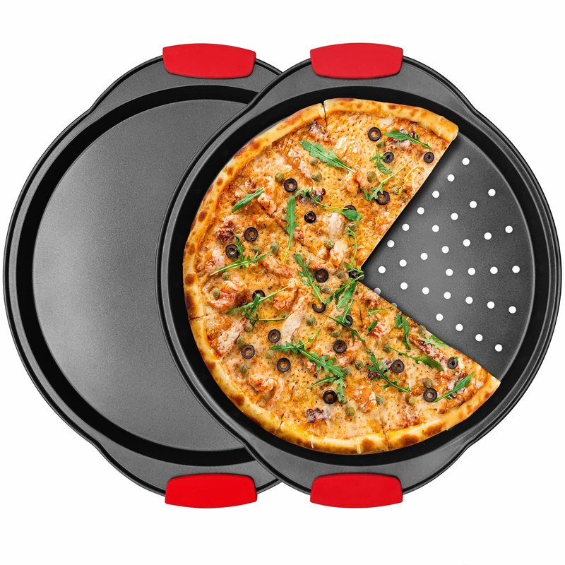 NBFTLTOP Pizza Pan 12 Inch for Oven, Pizza Steel Pan with Heat-insulating Silicone Handle, Nonstick Pizza Tray with Holes and No Holes Set, Round Pizza Baking Pan 2pcs, Gray