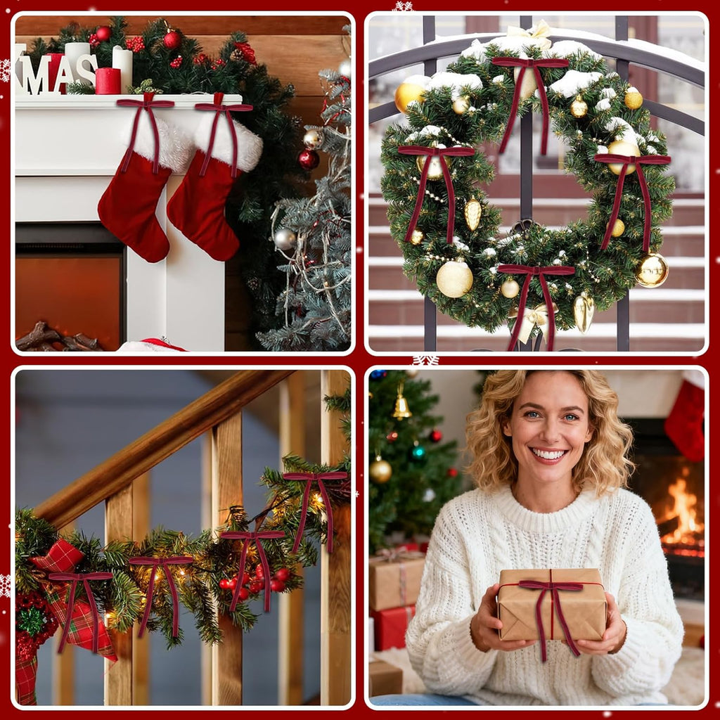Regine Switzerland 24 Pcs Red Velvet Christmas Ornaments - Rustic Pre-Tied Bows for Holiday Décor | 5x7 Inch
