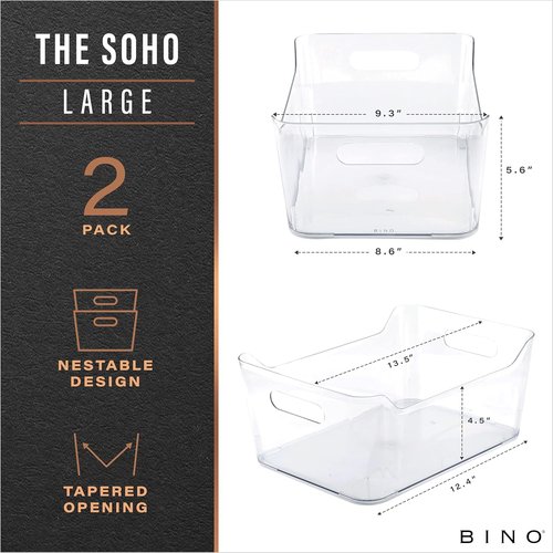 BINO Plastic Storage Bins - Large 2 Pack, Clear | Pantry & Fridge Organizers | Kitchen Cabinet Solutions