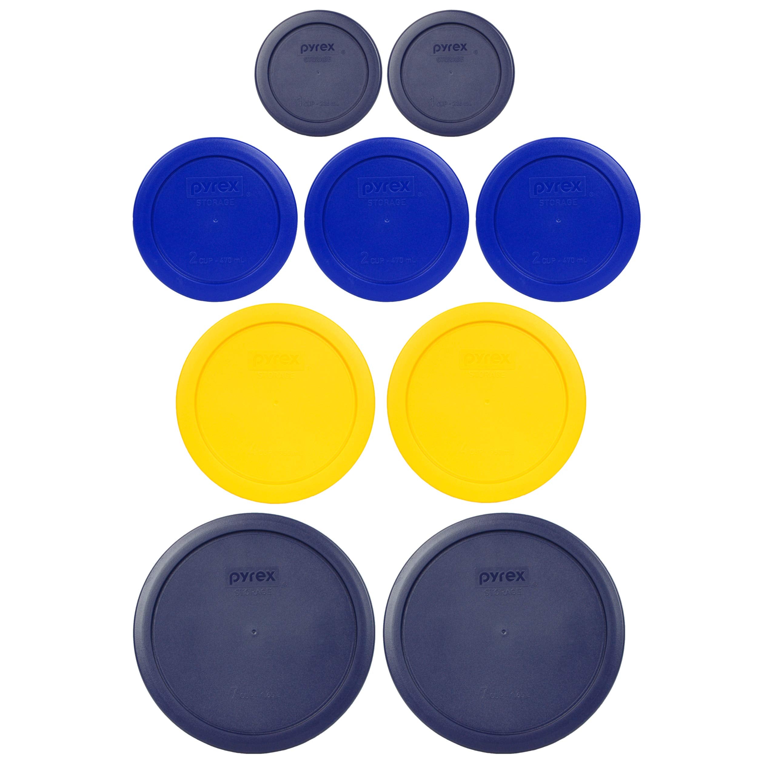 Pyrex (2) 7202-PC 1-Cup Dark Blue, (3) 7200-PC 2-Cup Cadet Blue, (2) 7201-PC Meyer Yellow 4-Cup, & (2) 7402-PC 6/7-Cup Blue Lids - Made in USA