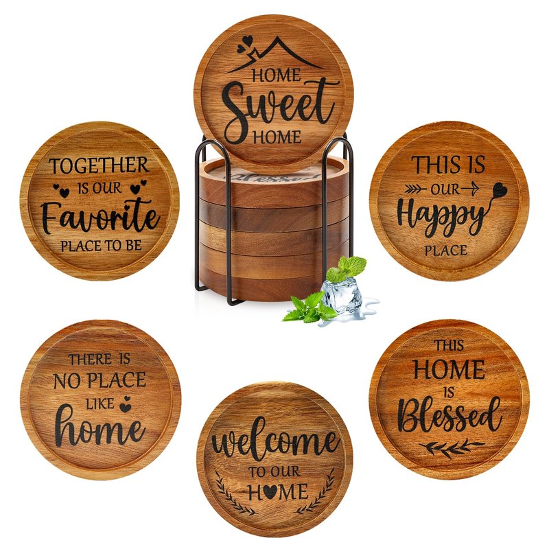 Best House Warming Gifts Acacia Wooden Coasters for Drinks Coffee Table Coaster Set of 6 Pack Farmhouse Decorations Family New Home Housewarming Decor Cute Cup Wood Coasters with Holder