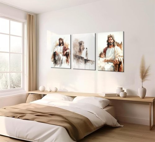 3pcs framed Jesus Wall Art Jesus with Children Wall Decor Lion of judah Paintings God Canvas Prints Religious Posters Room Bedroom Church Pictures Decoration