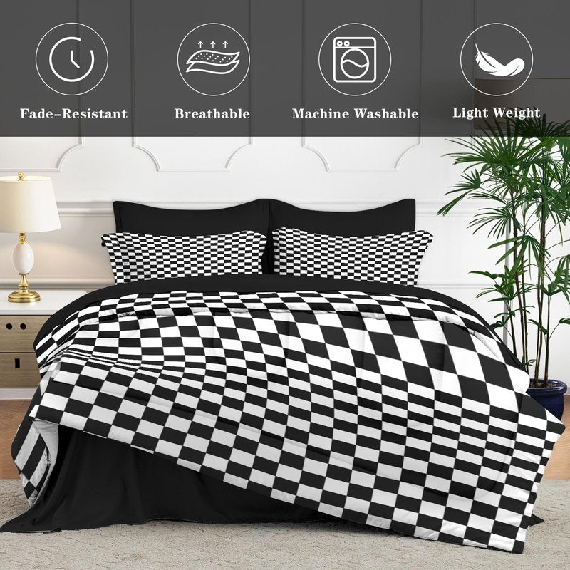 Nesphy Checkerboard Grid Black White Comforter Set 7 Pcs Queen Size Quilt, Checkered Geometric Luxury Plaid Soft Bedding Set with Flat and Fitted Sheet Pillowcases Sham for Adults Bedroom Bed Decor