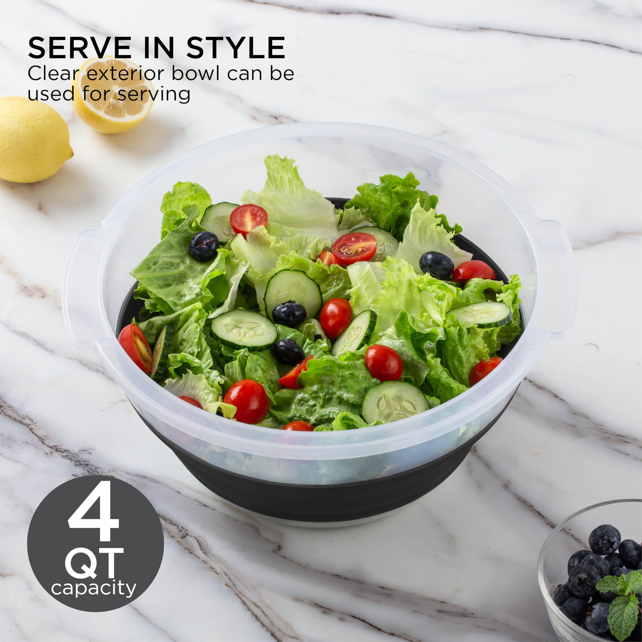 COOK WITH COLOR Collapsible Salad Spinner - 4 QT Space Saving Lettuce Dryer with Folding Collapsible Colander Great for Washing and Drying Fruit and Vegetables (Black)