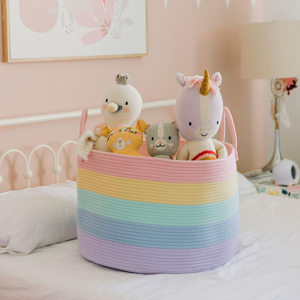 OrganiHaus Rainbow Blanket Basket - Extra Large Woven Toy Organizer & Storage Bin | 20"x13" Soft Round Design