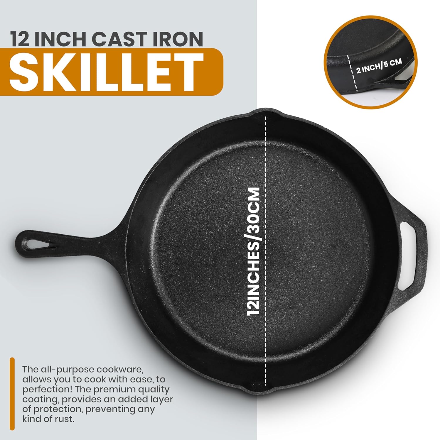 Utopia Kitchen 12-Inch Premium Cast Iron Frying Pan - Pre-Seasoned Skillet with Lid for Indoor & Outdoor Cooking