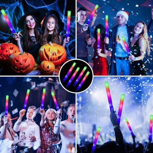 ColorHome Glow Sticks Bulk, 52 Pcs LED Foam Sticks Light Up Batons Party Favors with 3 Modes Colorful Flashing, Glow in the Dark Party Supplies for Party Wedding Birthday Concert Halloween Christmas