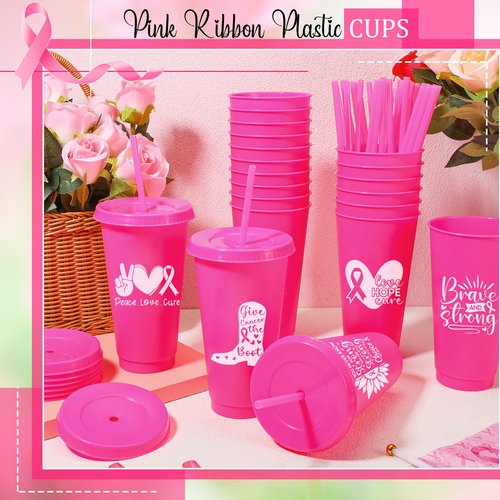 Bokon 12 Pcs Breast Cancer Gifts for Women, 24oz Breast Cancer Awareness Tumblers with Straws and Lids Plastic Pink Ribbon Water Bottles Bulk Reusable Pink Cups Coffee Mugs for Women (Classic)