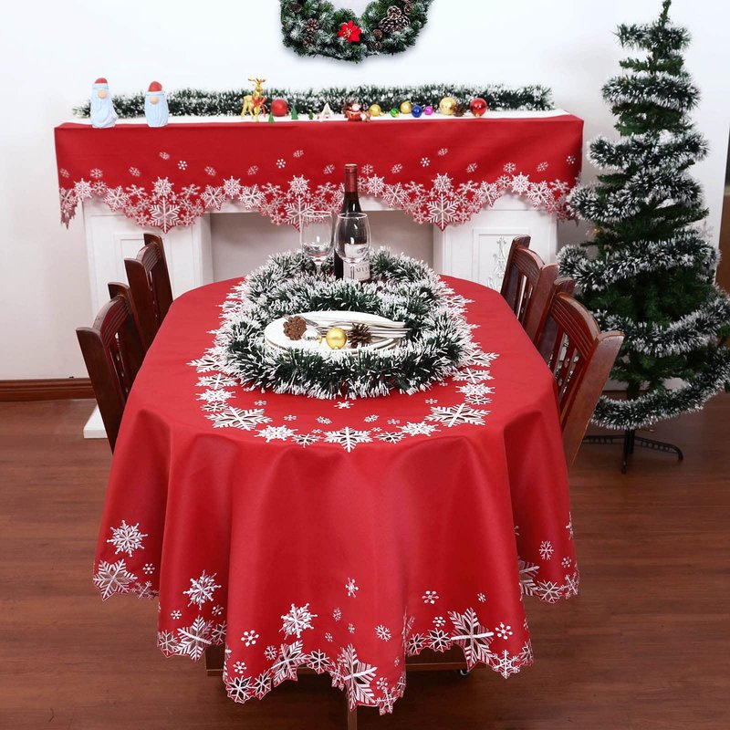 Simhomsen Embroidered Snowflakes Tablecloths for Christmas Holiday and Winter (Oval 57 × 102 inches, Red)