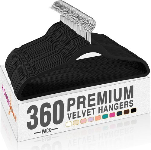 HOUSE DAY Black Velvet Hangers - Premium Non-Slip Felt Clothes Hangers | 360 Pack, Heavy Duty, Space Saving