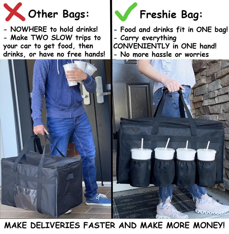 FRESHIE Insulated Food Delivery Bag with Cup Holders/Drink Carriers Premium, for Doordash, Uber Eats, Grubhub, Pizza Bag, Catering, Beverage, Commercial Quality (XL Pro)