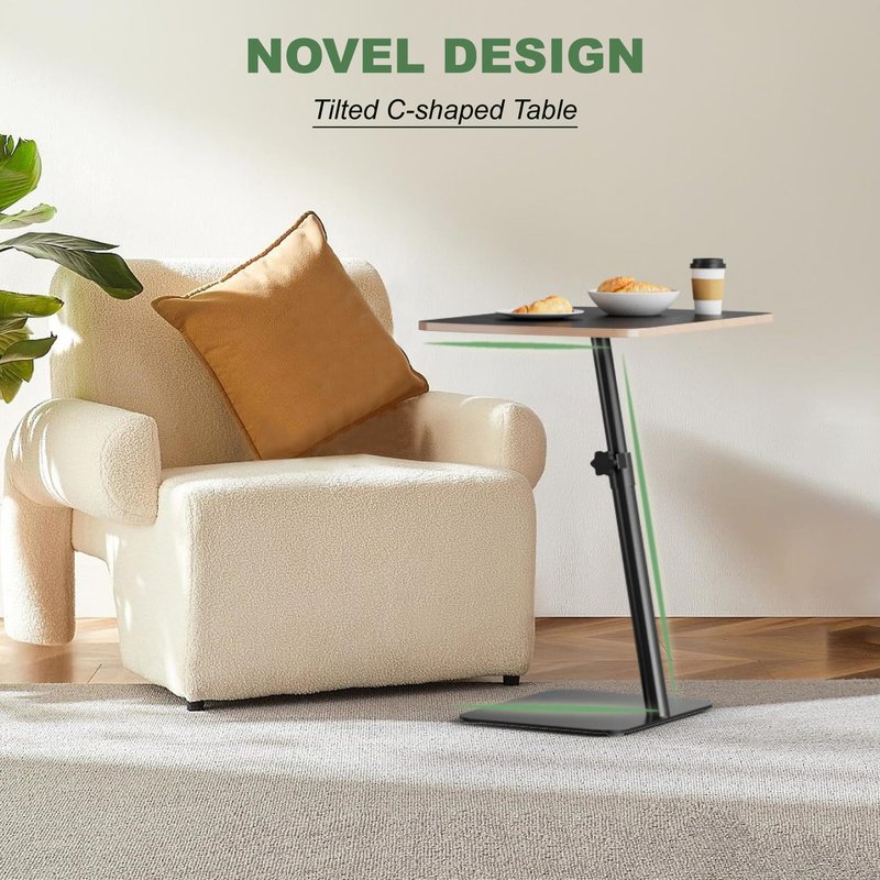 Height Adjustable End Table - Small Couch Side Table for Small Spaces Modern C Shaped bedside End Table That Slide Under, Black Wood Laptop TV Tray Table with Metal Base, Living Room Bathroom Home Use