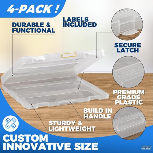 Art & Craft Organizer Storage Case by 4-Pack | Semi-Transparent, Stackable Plastic Container - Custom Fit for 8.5 x 11 Paper