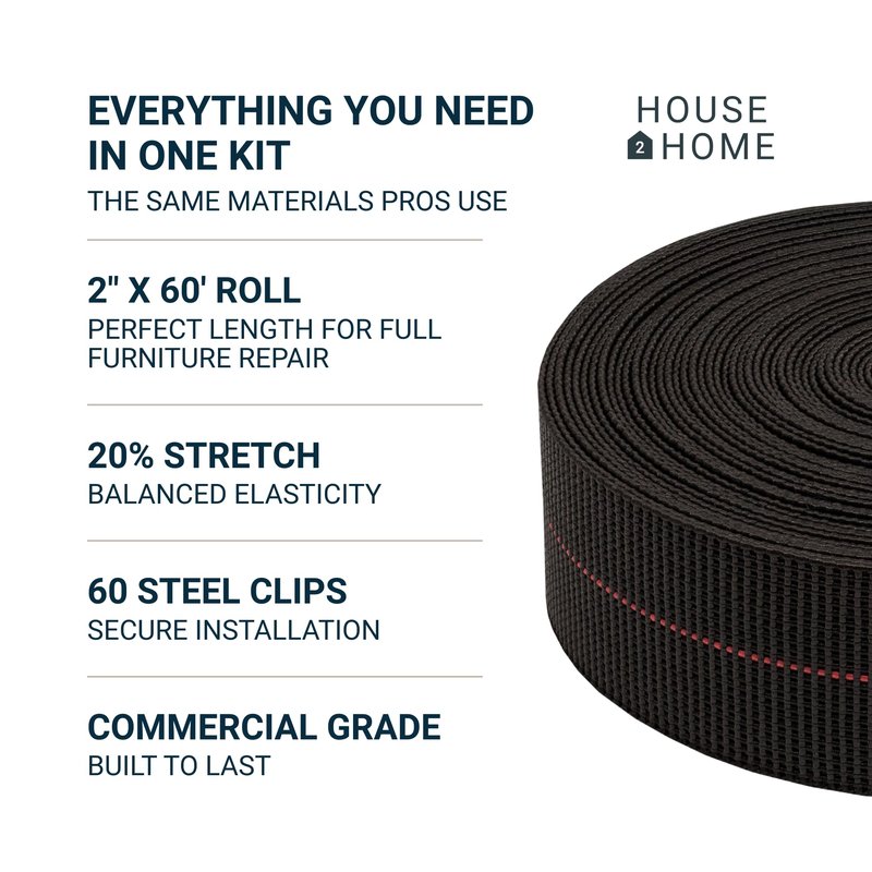 House2Home Replacement Elastic Webbing Kit to Repair Sagging Couch, Chair, Lawn,and Patio Furniture, Includes Installation Instructions, 2 Inch Wide x 60 Ft. Metal Webbing Clips