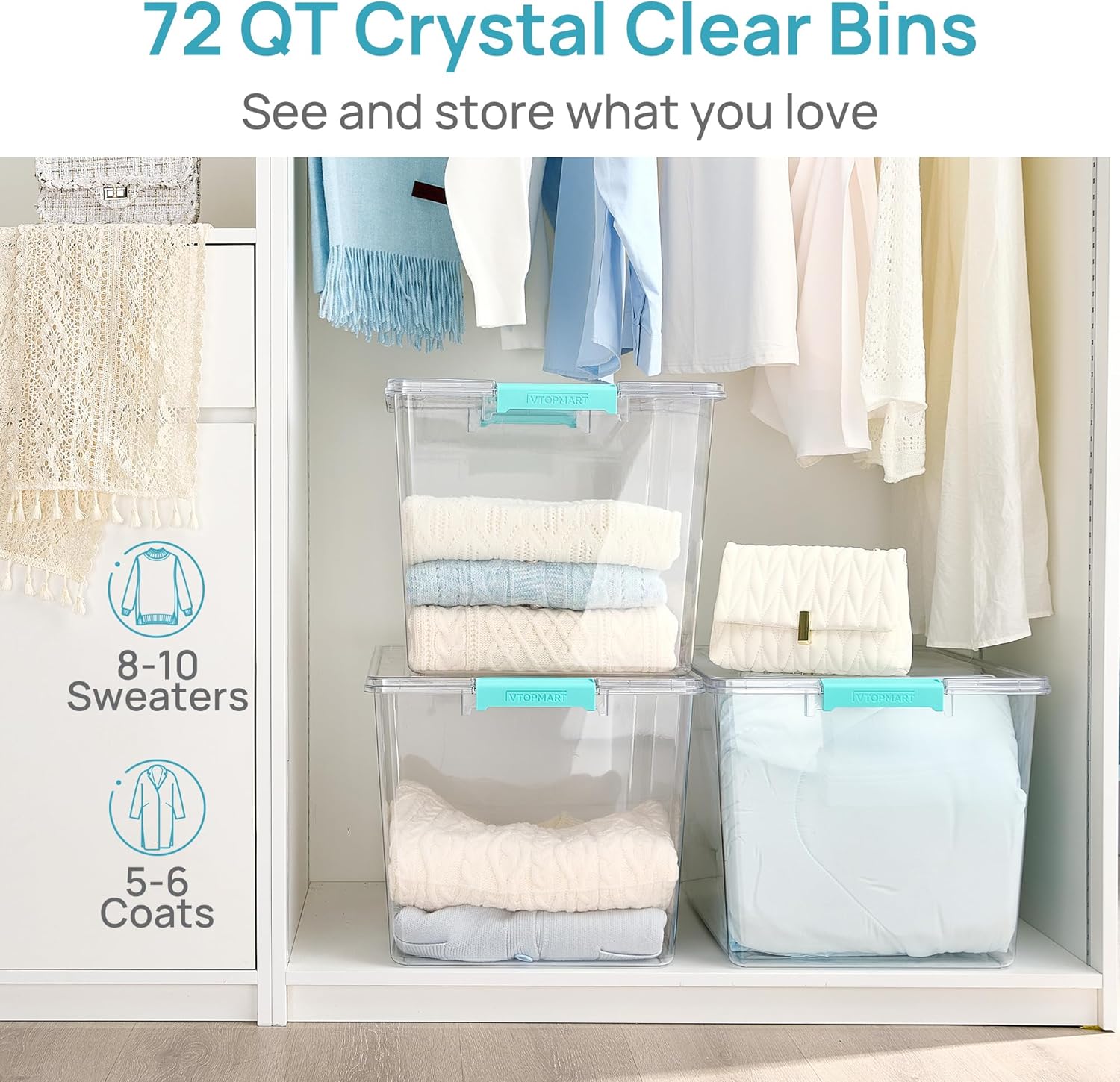 Vtopmart 72 QT Crystal Clear Storage Bins - 2 Pack with Lids | Stackable Plastic Totes for Closet Organization