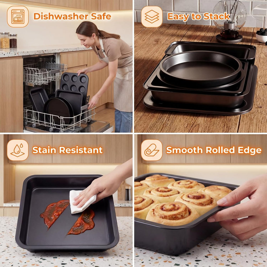 Skiennix Nonstick Bakeware Set - 6-Piece Carbon Steel Baking Pans for Cakes, Muffins & Roasting
