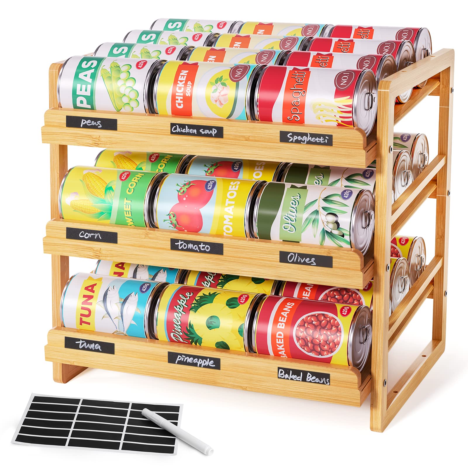 Yumkfoi Bamboo Can Organizer for Pantry, 3 Tier Stackable Can Storage Organizer Pantry with Label Sticker and Marker Pen, Can Holders for Cabinet and Can Rack Organizer (Natural Bamboo)