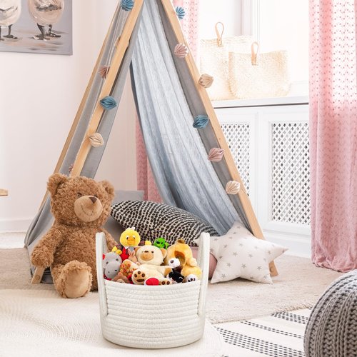 FillTouch 3 Pack Small Woven Baskets with Handles Cute Basket Gift Cotton Rope Baby Woven Nursery Shelf Storage Organizer Bin with Handles White Soft Organizer for Empty Room 9.5'' x 9.5'' x 5.5''