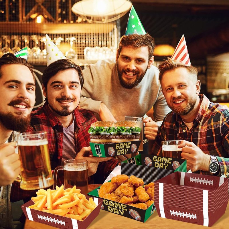 WIQEDOHA Football Party Plates 50Pack Disposable Rectangular Paper Trays Modern Patterned Football Themed Design 7.9 x 5.7 x 1.9" Football Party Supplies