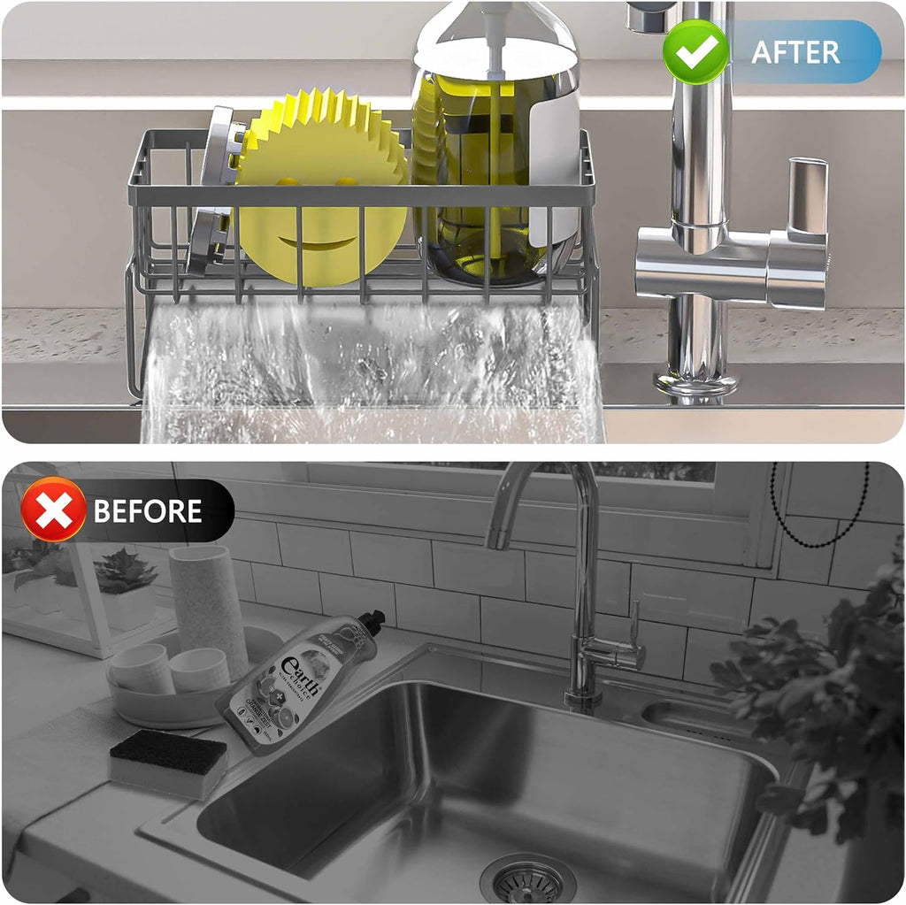 Skiennix Kitchen Sink Sponge Holder - Rustproof Stainless Steel Caddy Organizer | Self-Draining Design, Grey