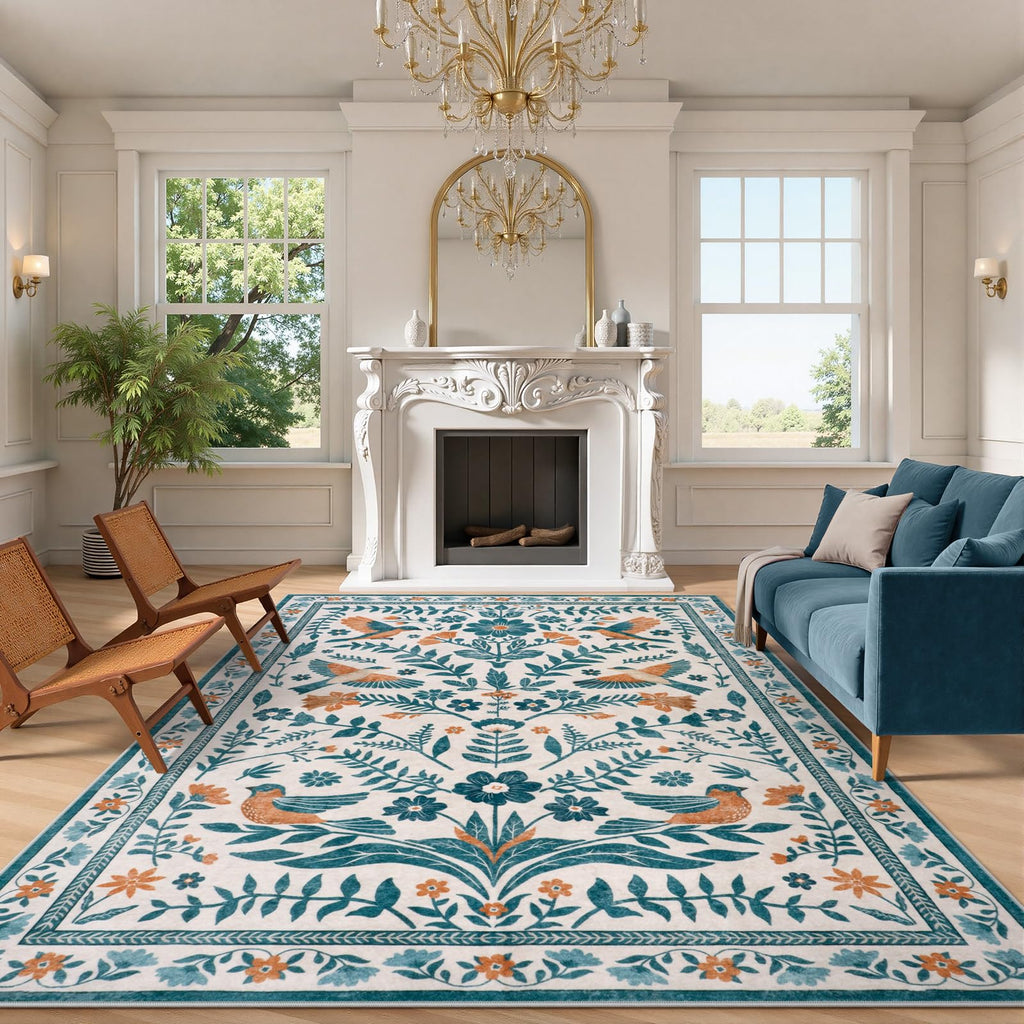 LIVEBOX Washable Rug 8x10, Floral Area Rugs with Birds, Non Slip Soft Vintage Large Living Room Rug Bedroom, Apartment, Nursery Room, Cute Animal Rugs for Kids Daughter Baby, Beige