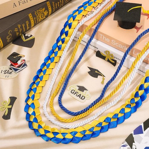 FYSUIMU Graduation Leis - Blue, Gold & White Honor Cords with Tassel | 4 Pcs Braided Necklace for College & High School Grads