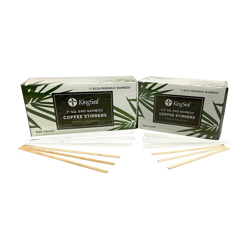 1000 Count | KingSeal Individually Paper Wrapped Bamboo Coffee Stir Sticks, 7 inches, Square End, 100% Renewable and Biodegradable - 2 Boxes x 500 Stirrers