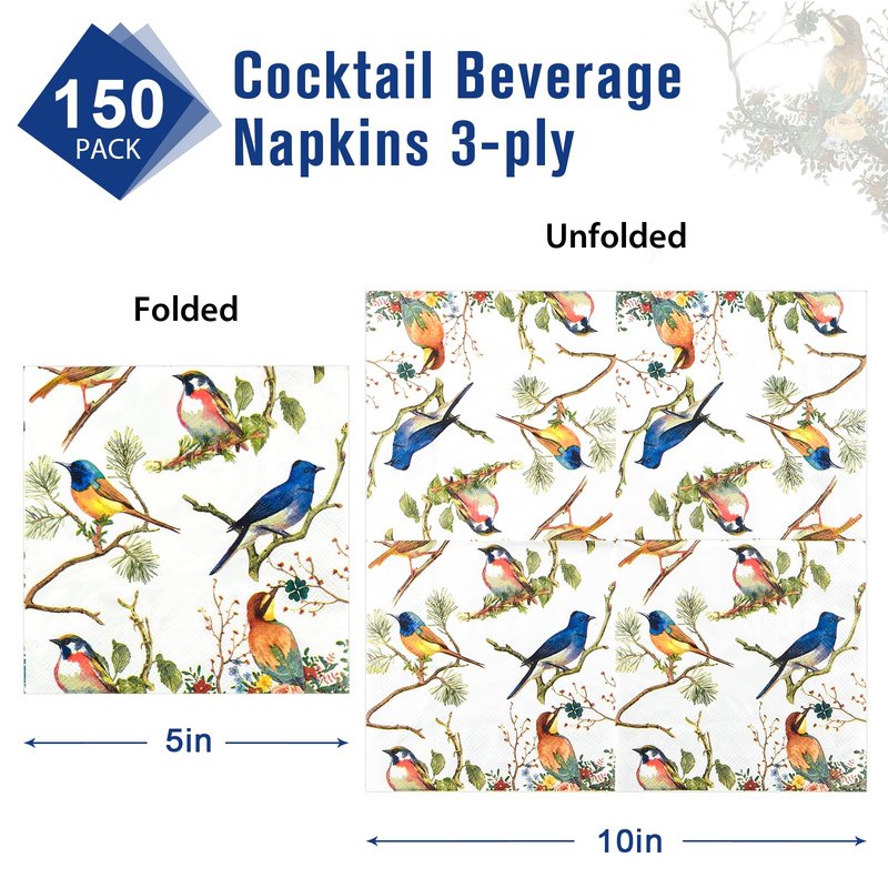 150 Bird Cocktail Beverage Napkins 3 Ply Bar Square Disposable Party Napkins Dessert Coffee Drink Napkins Guest Paper Hand Towels for Bathroom Wedding Tea Party Table Decoupage Napkins