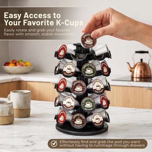 EVERIE Coffee Pod Carousel Organizer for Countertop, Holds 40 Single-Serve Coffee Pods, Smooth 360° Rotating Holder, Space-Saving Coffee Station Storage, Compact 8" x 8" x 12.4"
