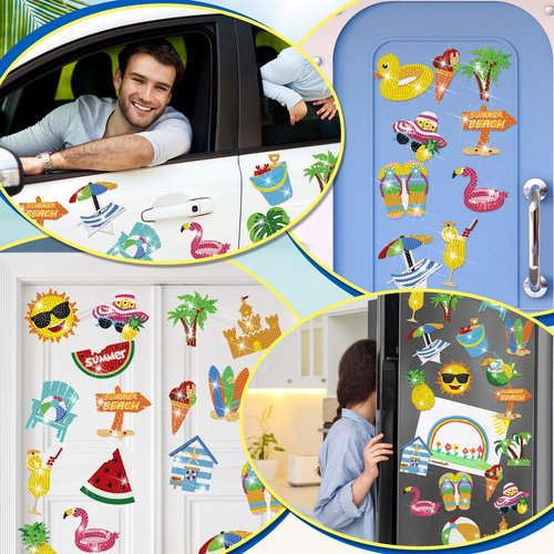 Tellegloww 24 Pcs Refrigerator Diamond Painting Magnets Sea Beach Diamond Art Magnets Kits Tropical Hawaiian Fridge Stickers for Adults DIY Home Decor(Ball)