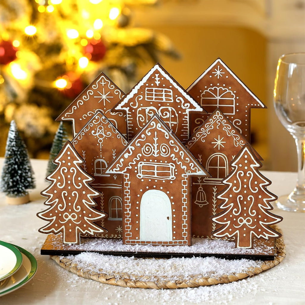 Threehoney Christmas Gingerbread House Table Decorations - 8 Pcs Wooden Centerpiece for Holiday Decor