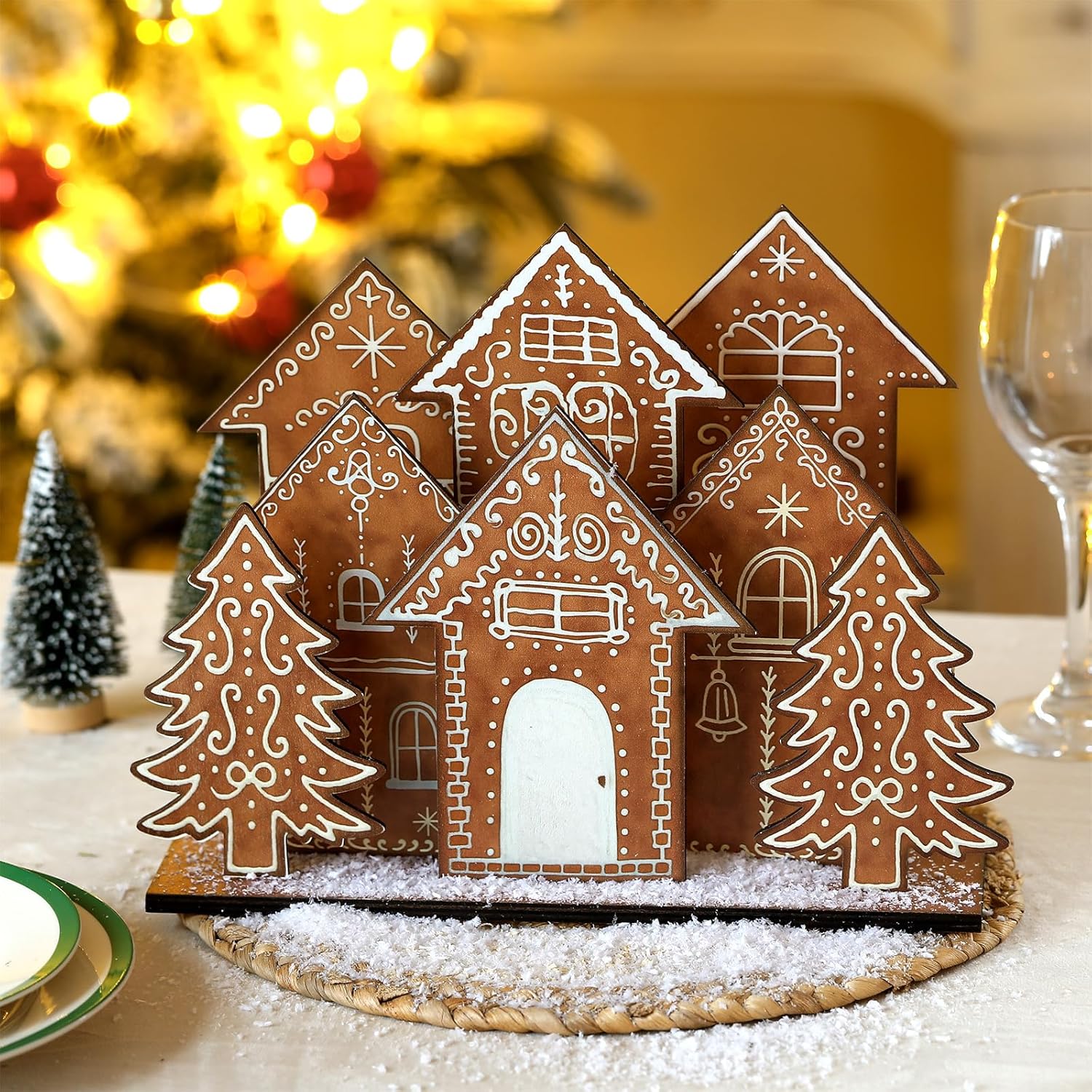 Threehoney Christmas Gingerbread House Table Decorations - 8 Pcs Wooden Centerpiece for Holiday Decor